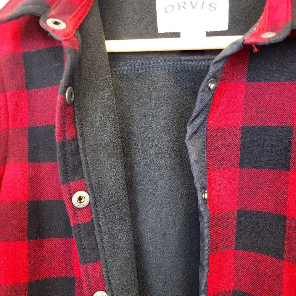 Orvis Red and Black Plaid Fleece Lined Snap Front Jacket, Size Medium, EUC - Picture 7 of 12